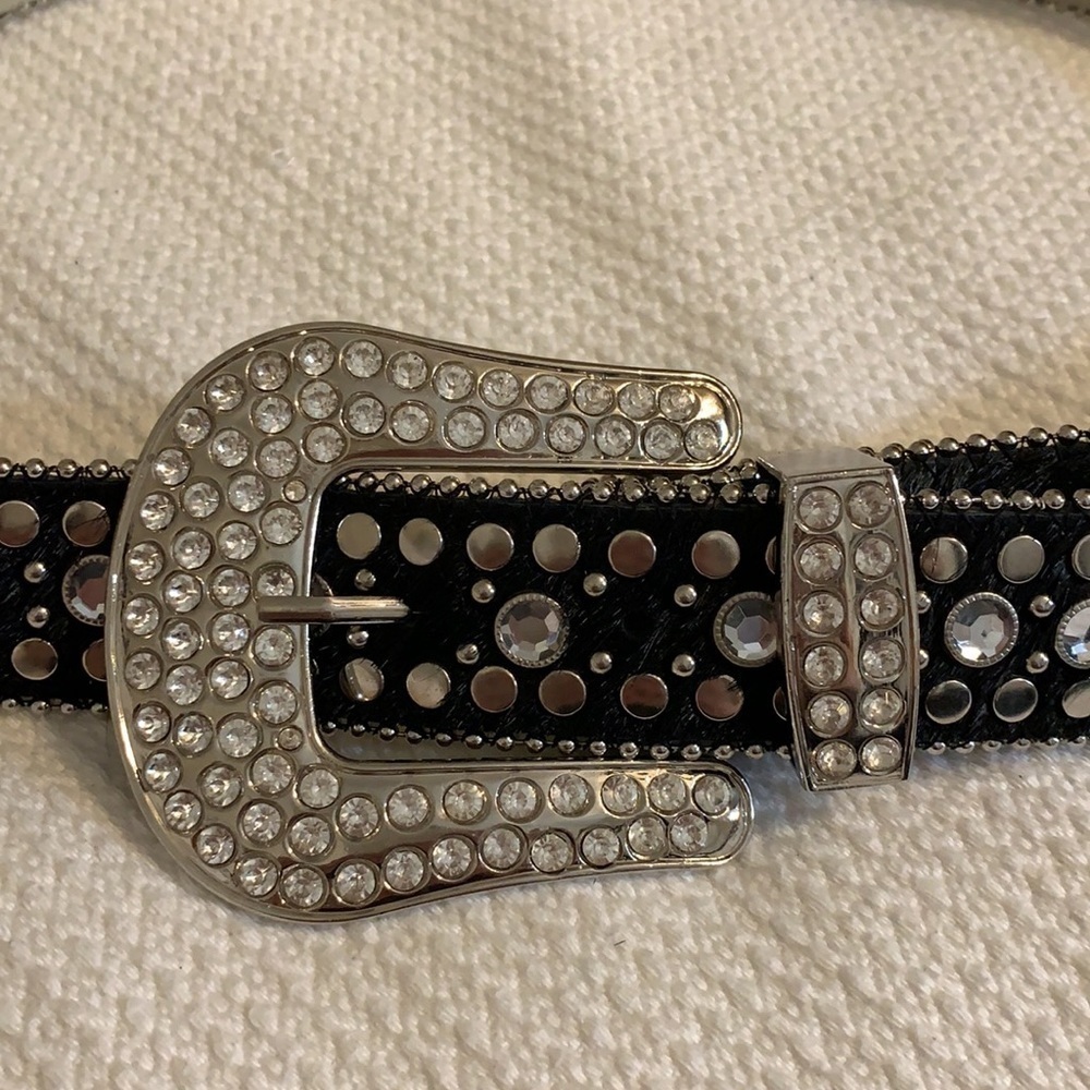 Studded Crystal Leather Cowhide Western Belt, L - Picture 5 of 8